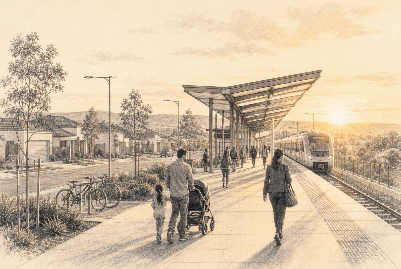Morning commuters arrive at Byford Station beside new family homes