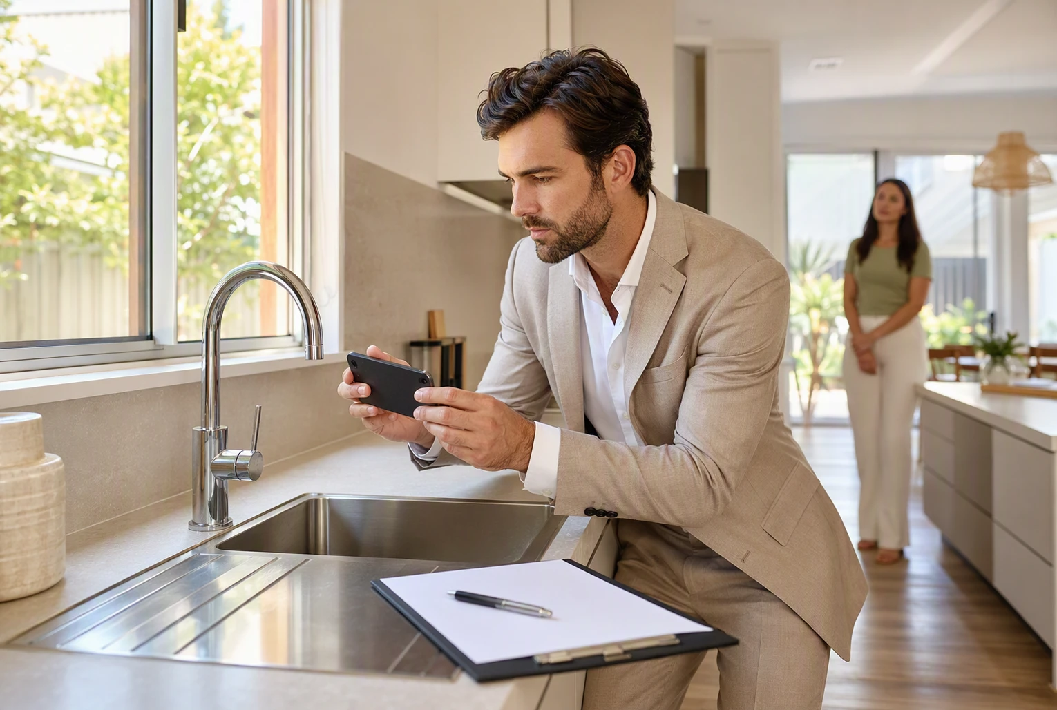 Property manager documents kitchen tap during legal inspection