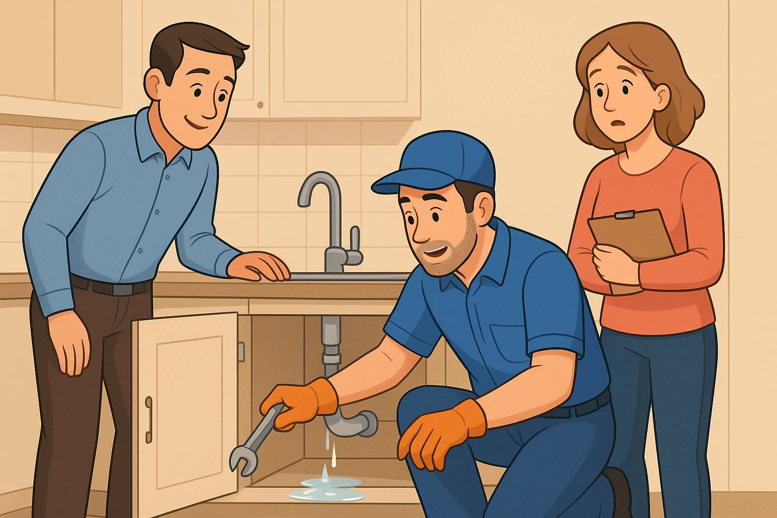 Plumber inspecting kitchen sink with landlord and tenant
