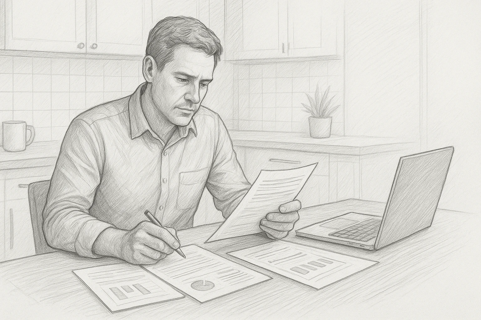 Pencil sketch of investor reviewing agent licence papers