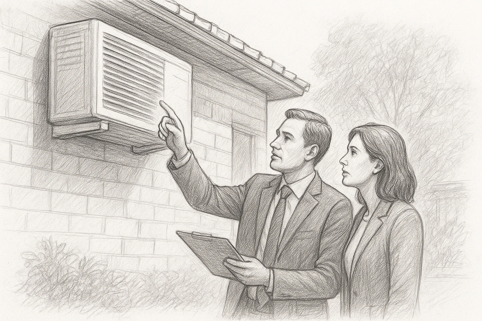 Buyers agent inspecting aging air conditioner unit