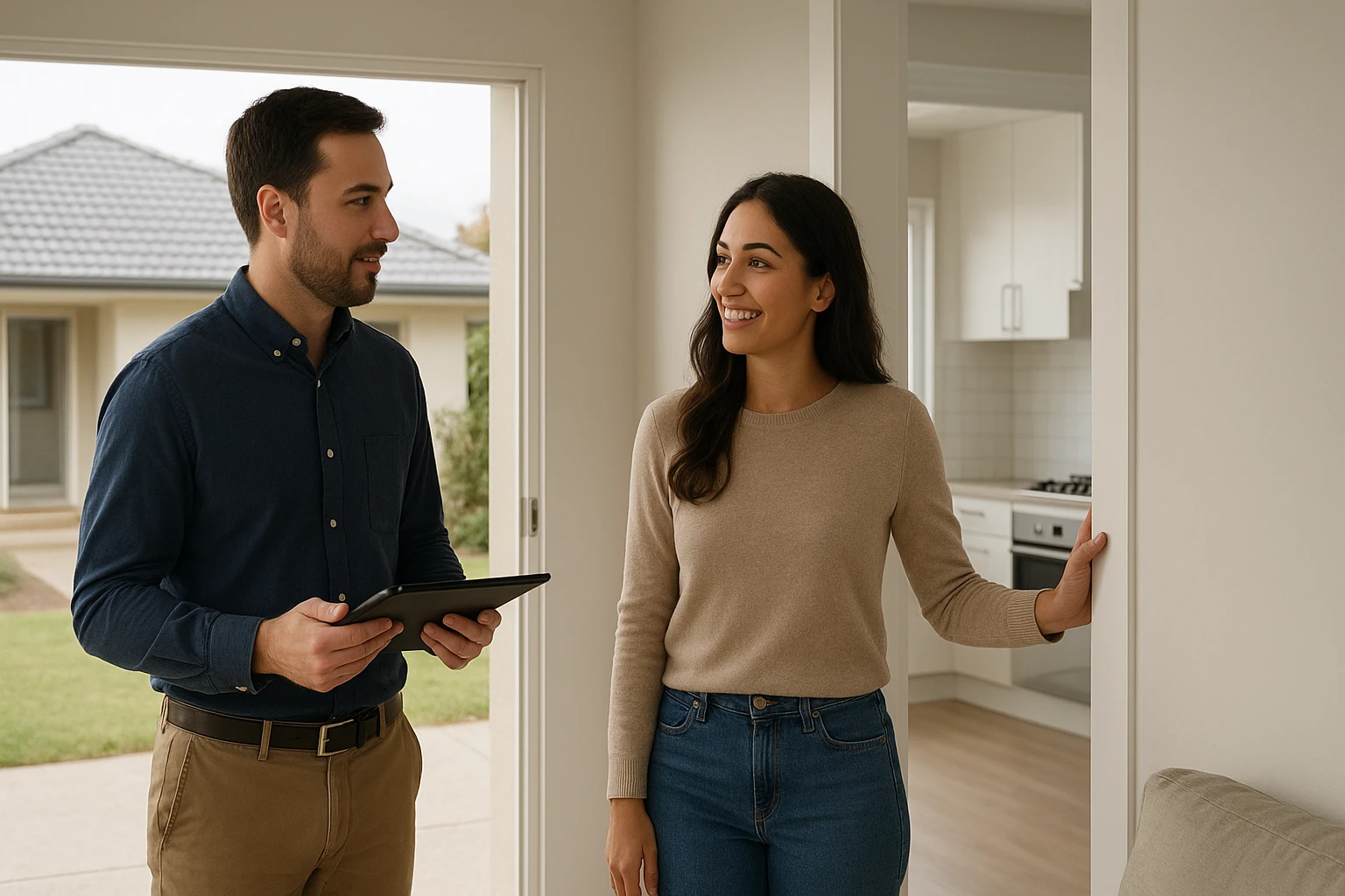 Landlord and tenant inspecting a maintained suburban home