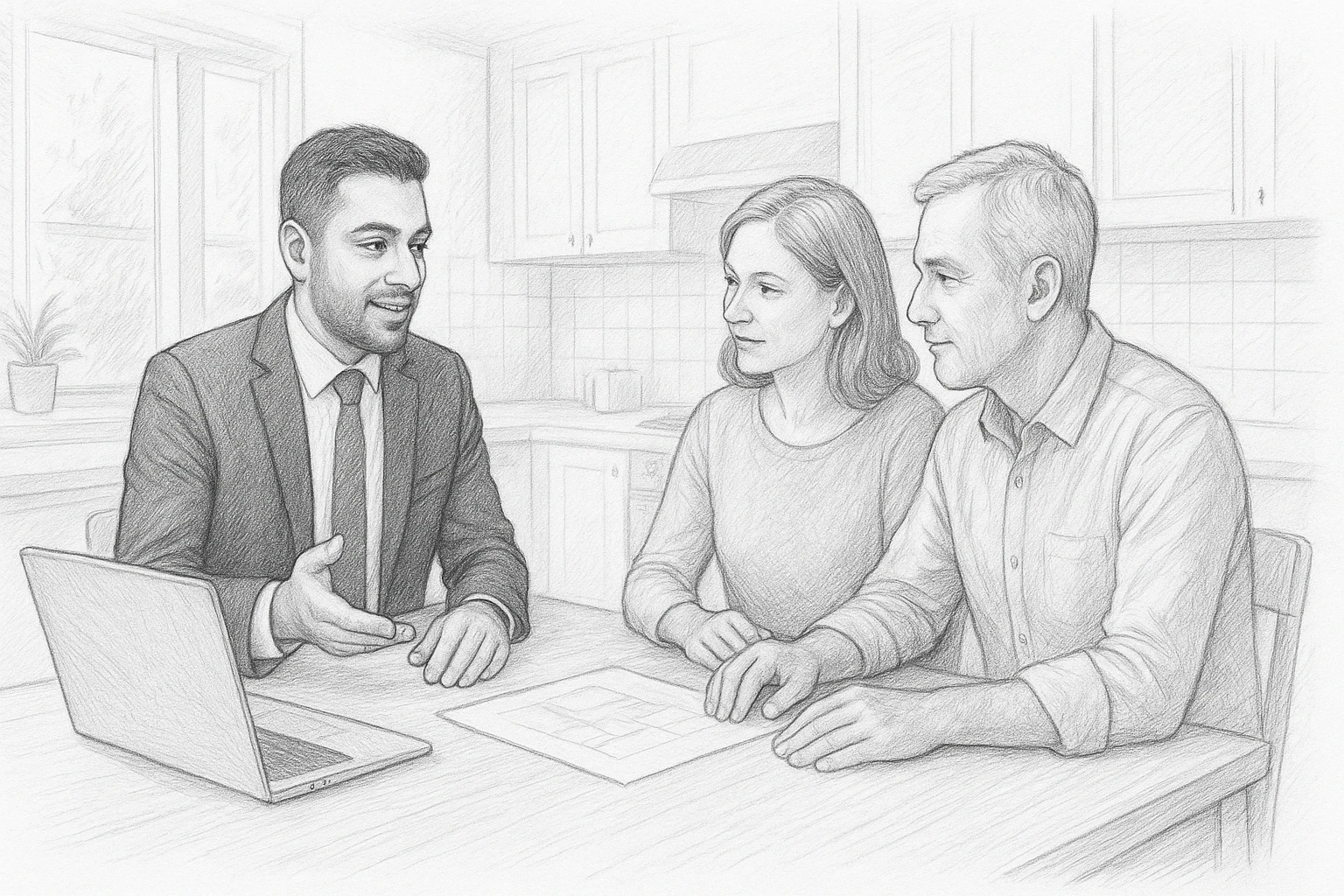 Agent discussing sale with sellers at kitchen table