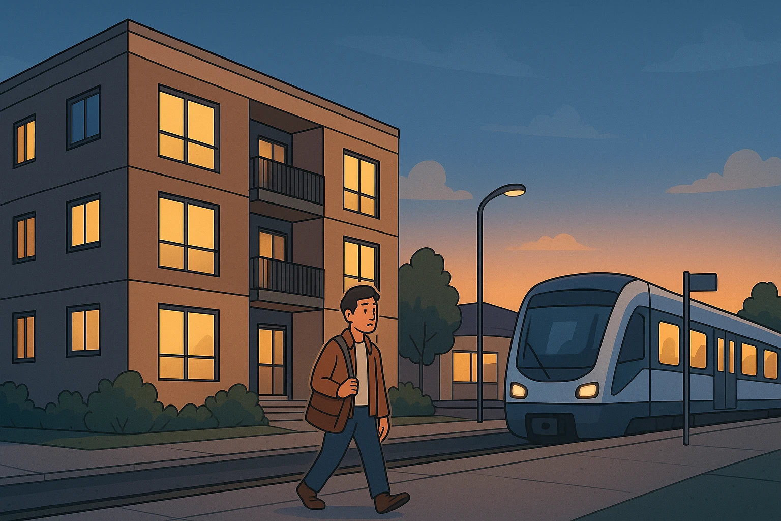 Tenant strolling past modern Beckenham apartments at dusk