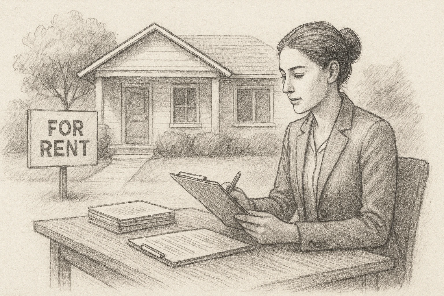 Property manager reviewing tenant files beside rental home