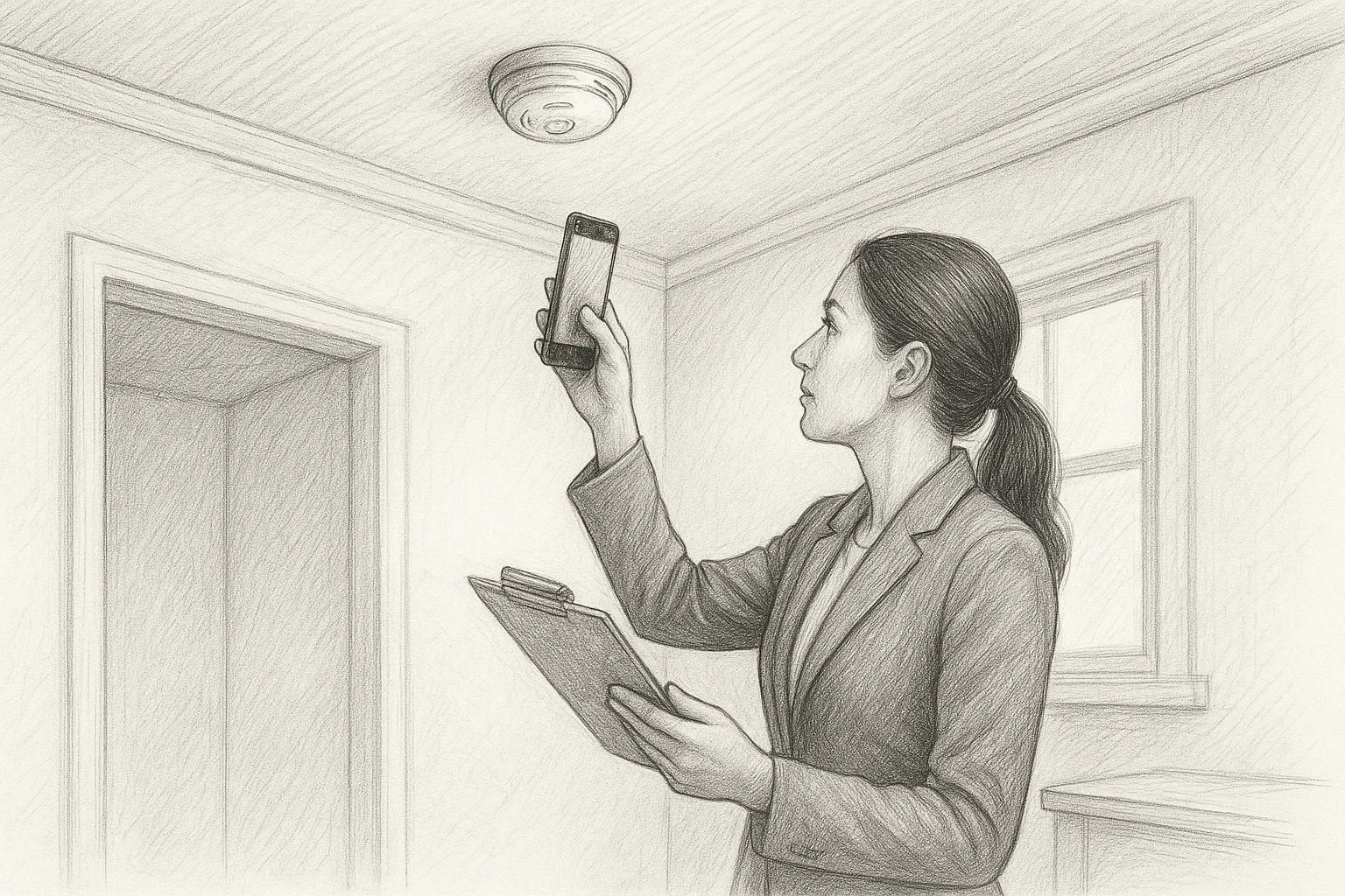 Leasing agent inspecting smoke alarm before handover