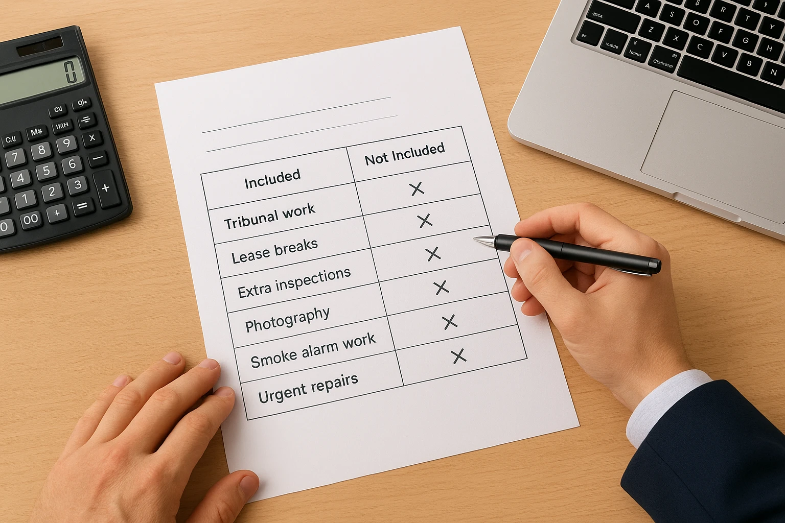 Property manager reviewing fee schedule with landlord