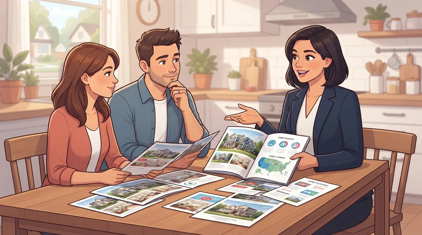 Agent discussing marketing strategy with homeowners
