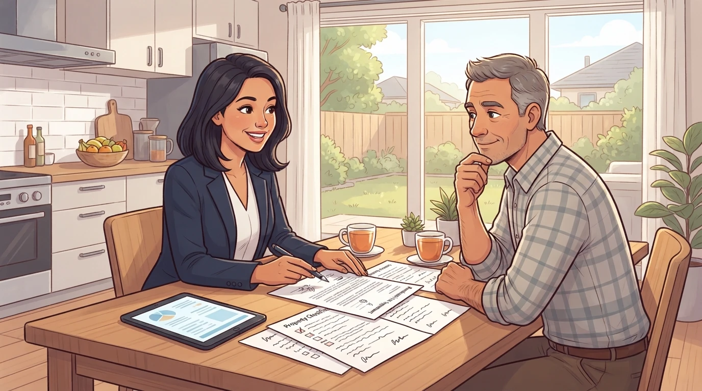 Property manager reviewing legal documents with landlord