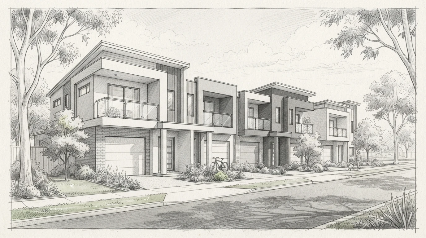 Modern townhouses on a leafy street