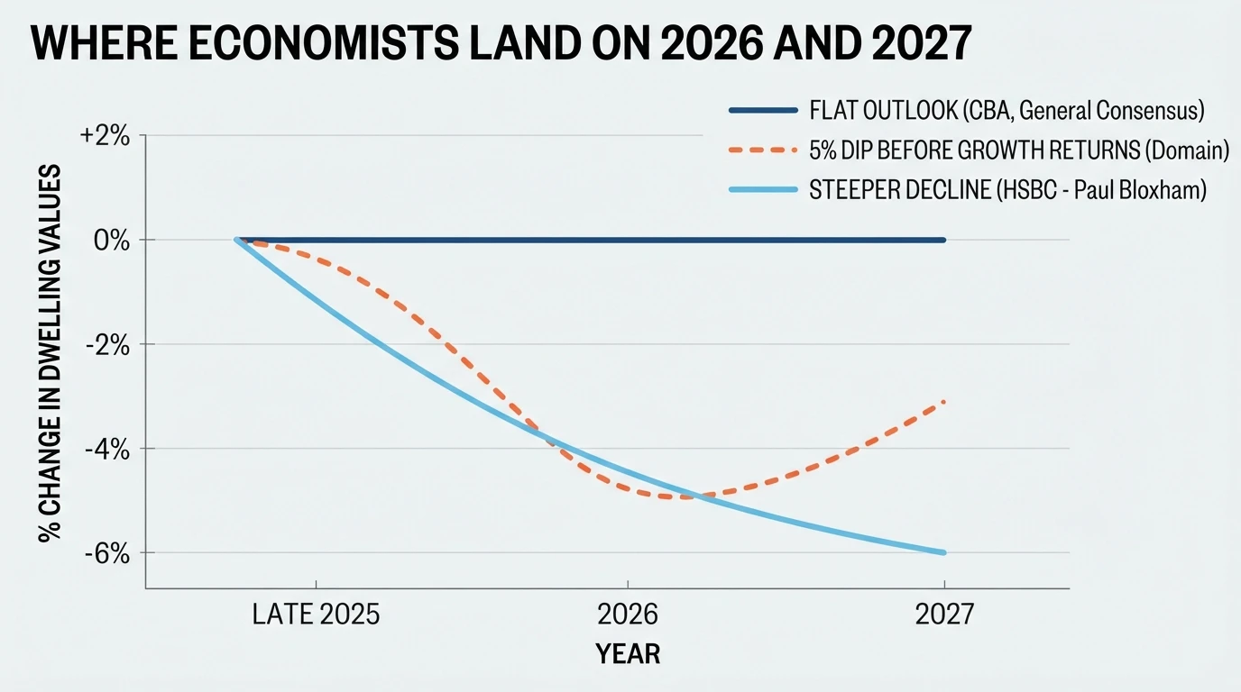 Line chart comparing economist dwelling price forecasts for 2026 and 2027