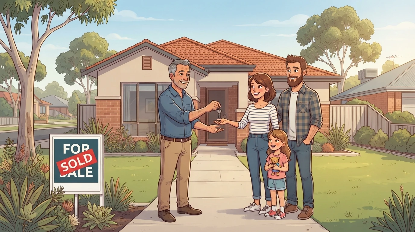 Landlord hands keys to tenants outside Perth rental home