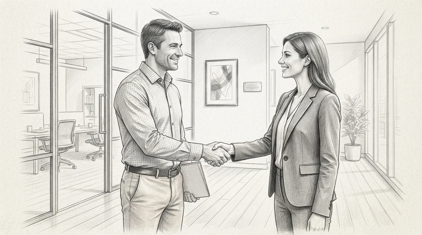 Property owner and manager shake hands in bright office hallway