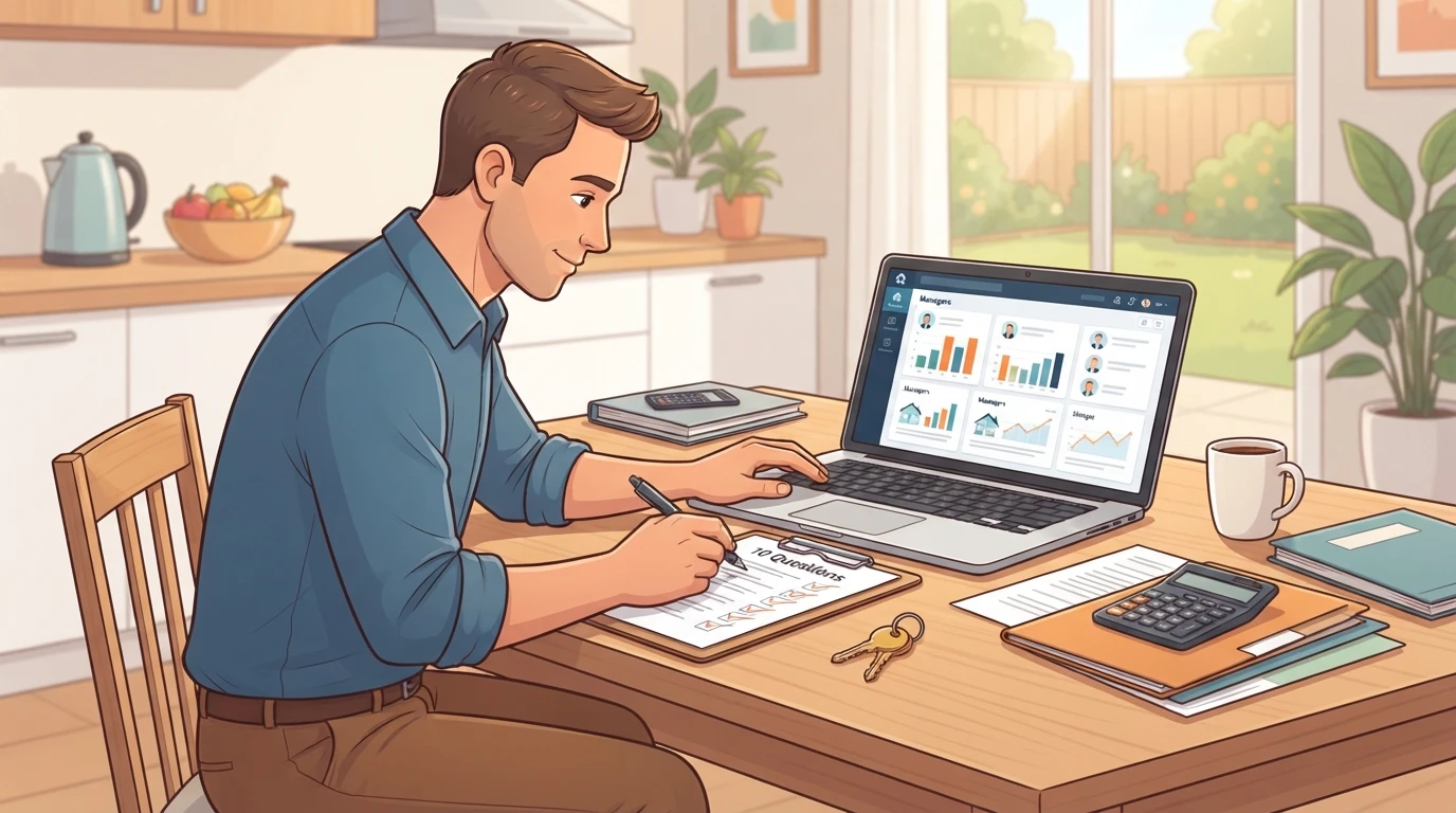Landlord reviewing a printed checklist beside a laptop