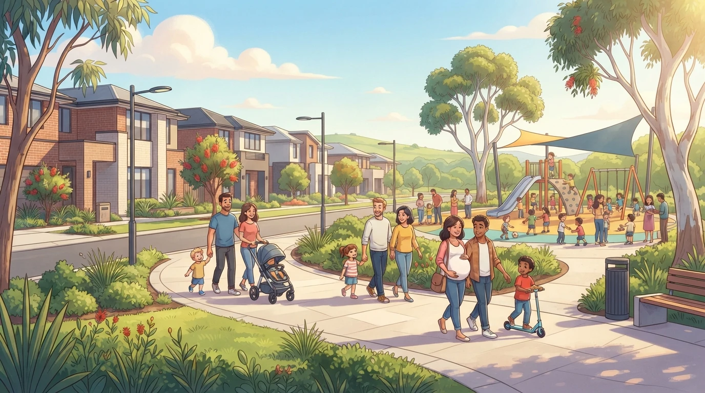 Families strolling through a modern Baldivis estate