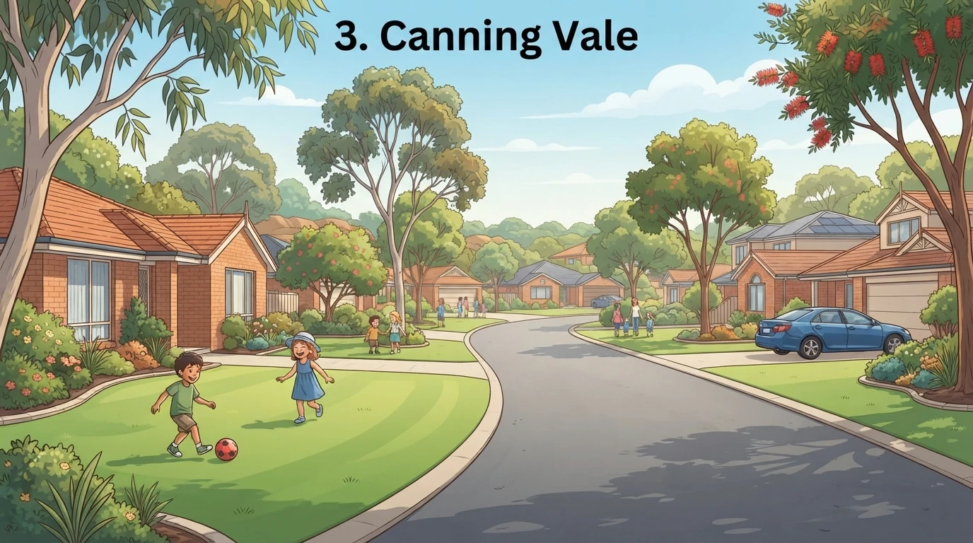 Tree-lined Canning Vale street with brick homes