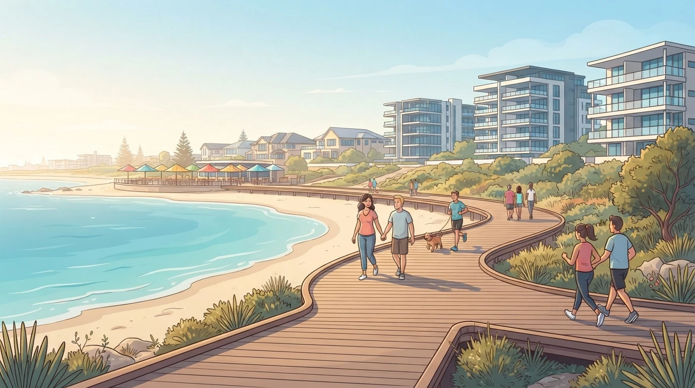Beachfront boardwalk with morning walkers in Rockingham