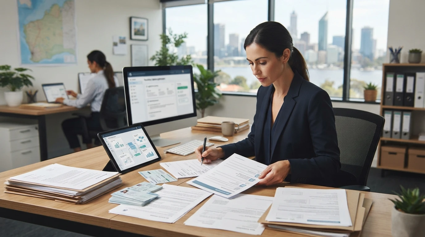 Property manager reviewing tenant application documents