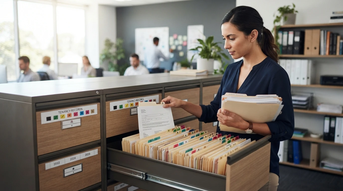 Property manager filing dated tenancy notices into organized archive
