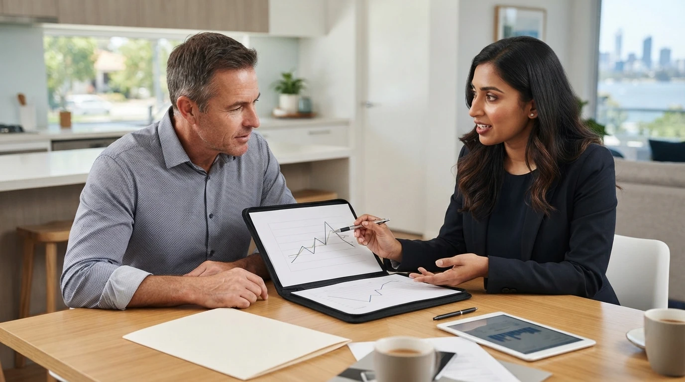 Landlord and agent reviewing rental chart at kitchen table