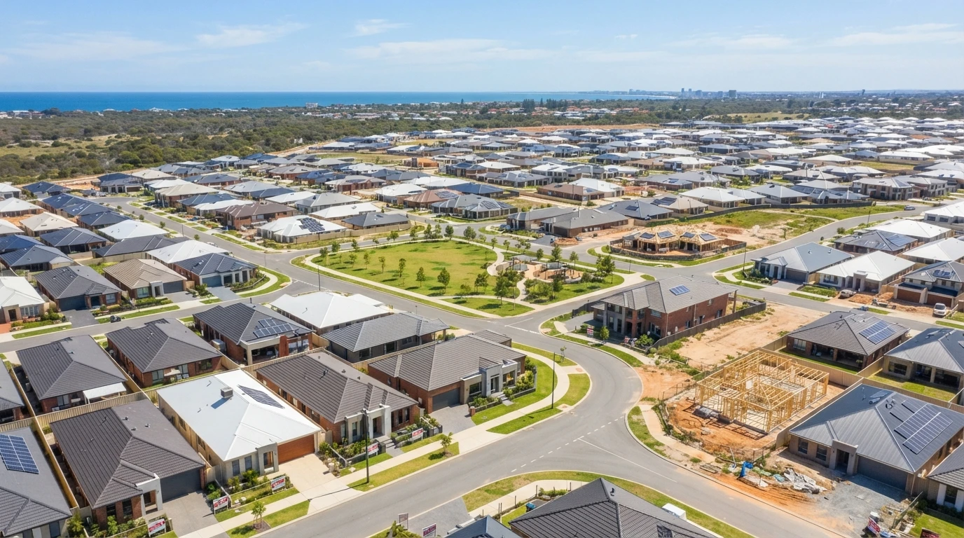 Aerial view of new homes in a Perth neighborhood