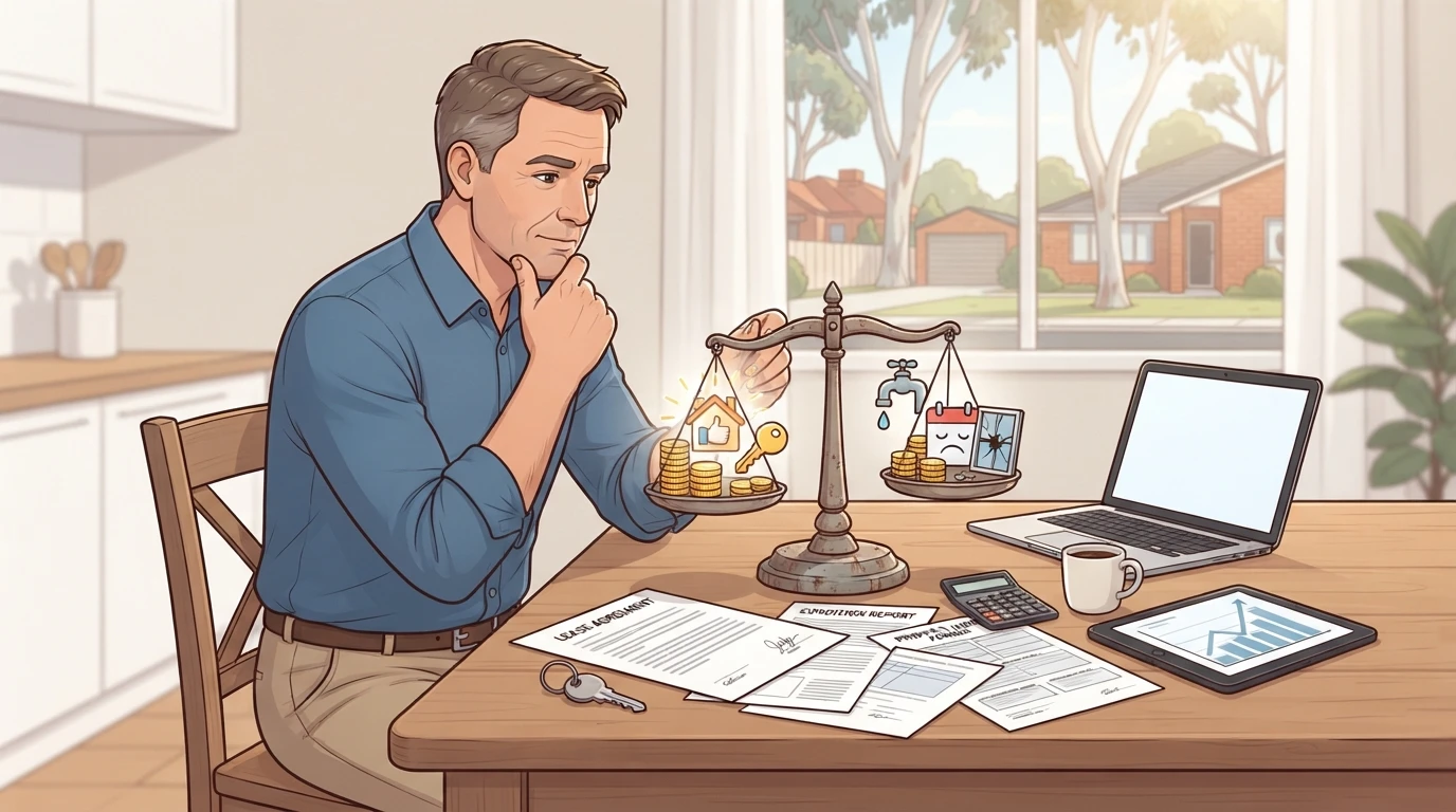 Landlord weighing pros and cons beside tenancy paperwork