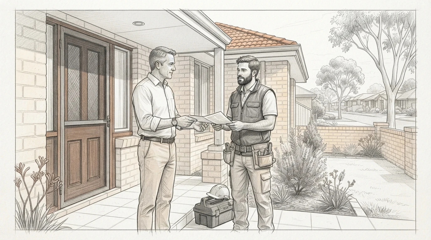Landlord hands work order to contractor at doorway