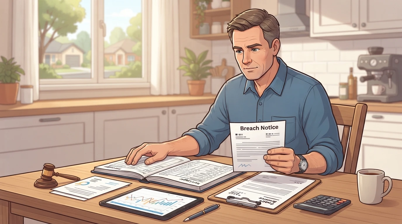 Landlord reviewing rent ledger and paperwork