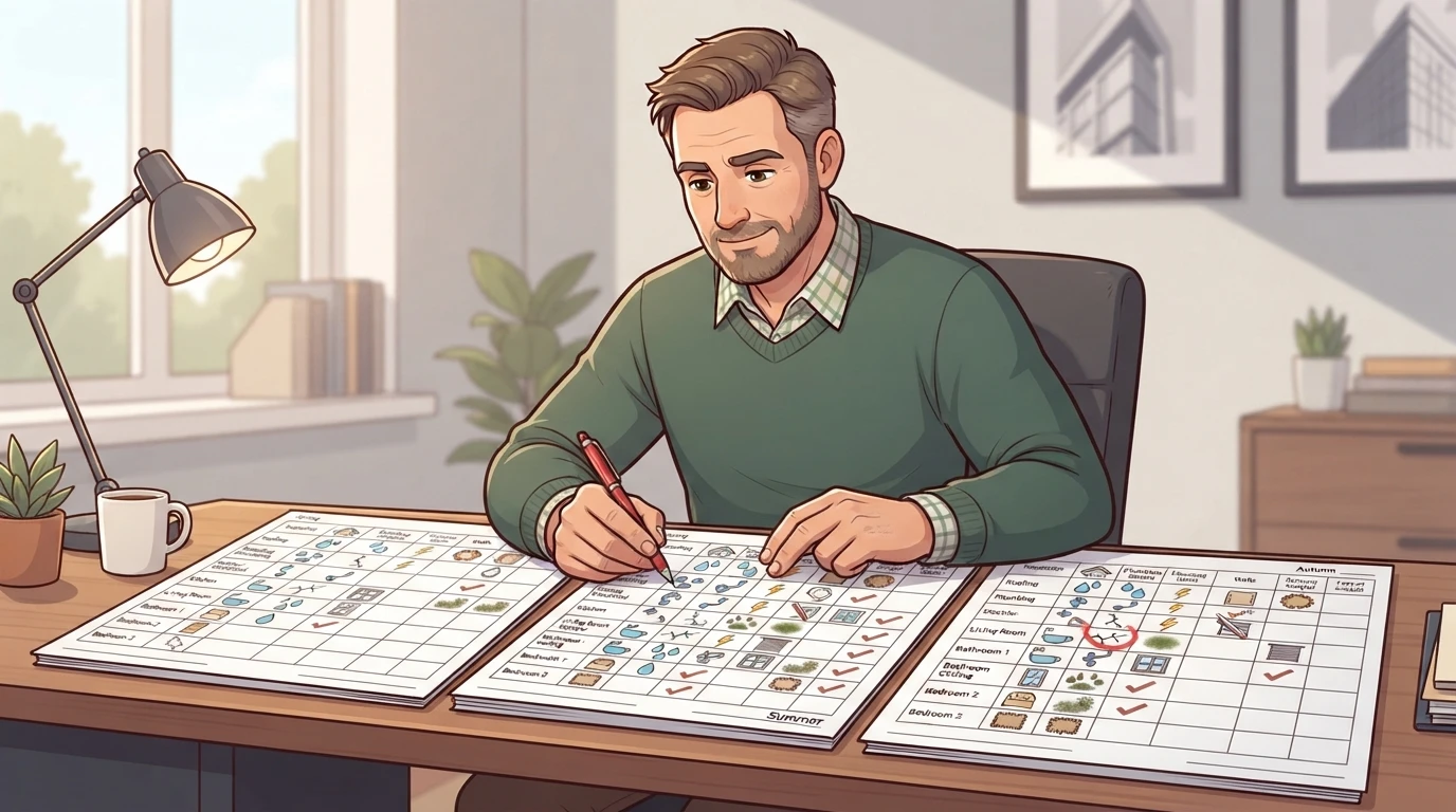 Landlord comparing stacked inspection reports at desk
