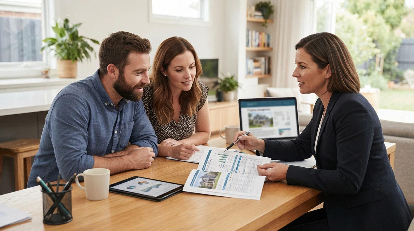Couple reviewing loan statement with adviser at kitchen table