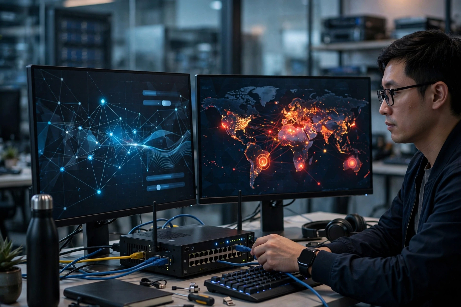 IT engineer configuring firewall with alert screen