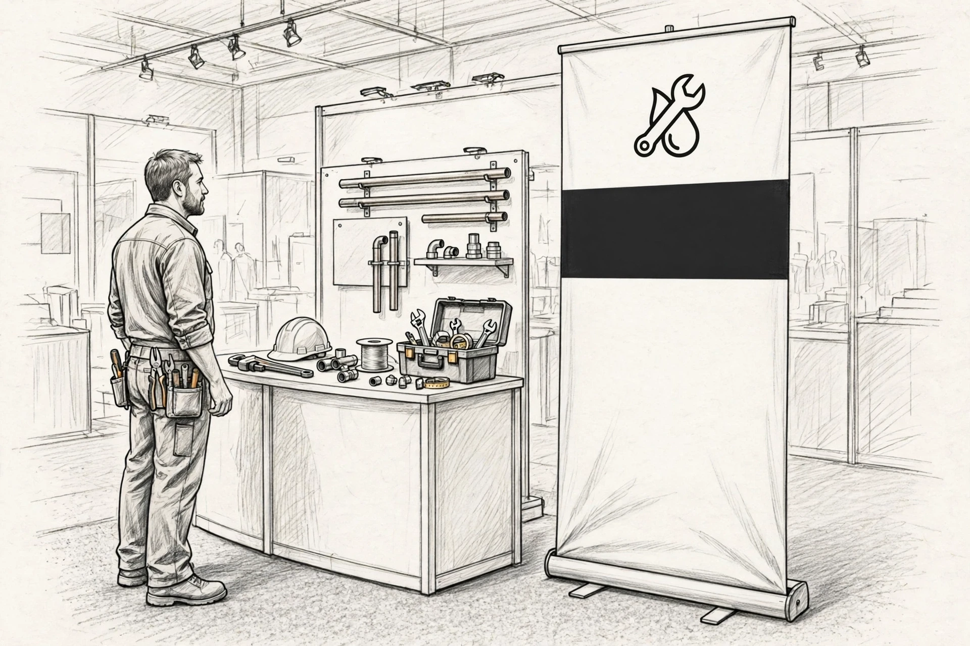 Pencil sketch of an exhibition stand with a roller banner