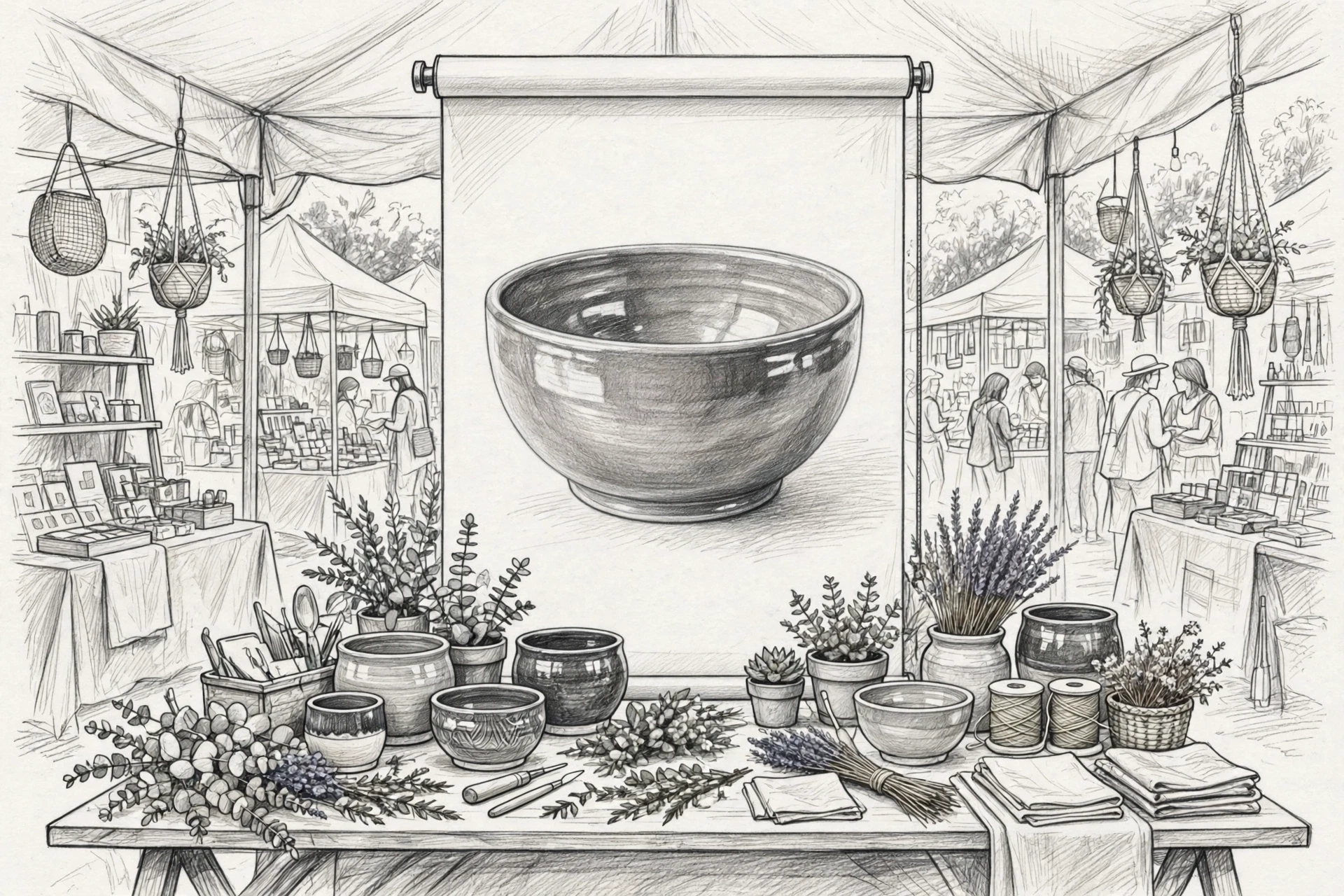 Pencil sketch of a product photo on a roller banner