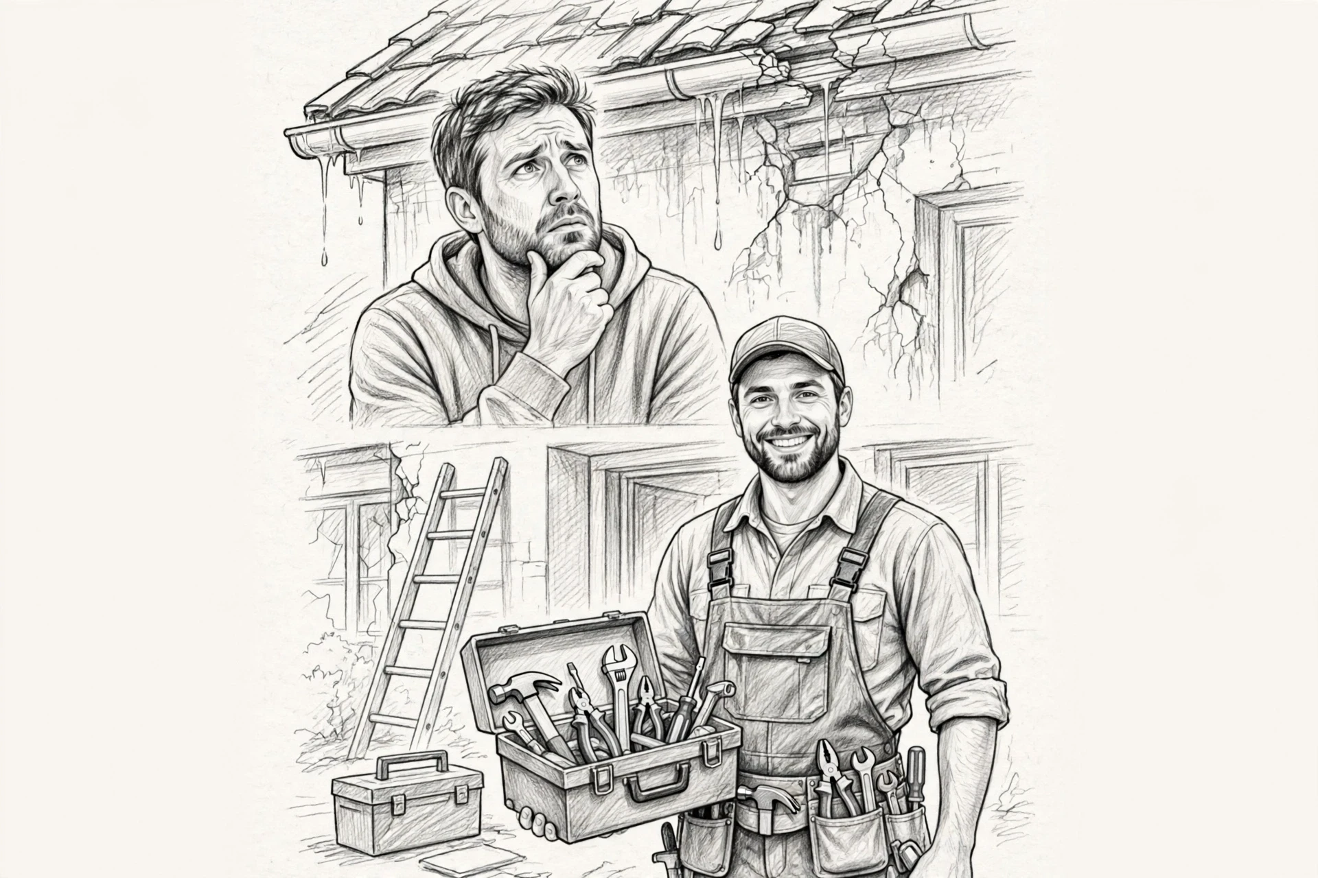Illustration of a worried homeowner above a smiling tradesperson with tools