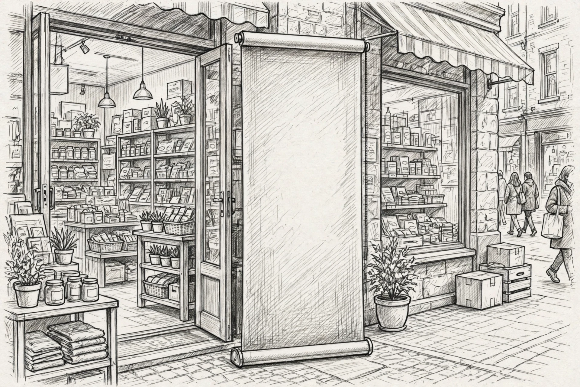 Pencil sketch of a red roller banner in a shop doorway