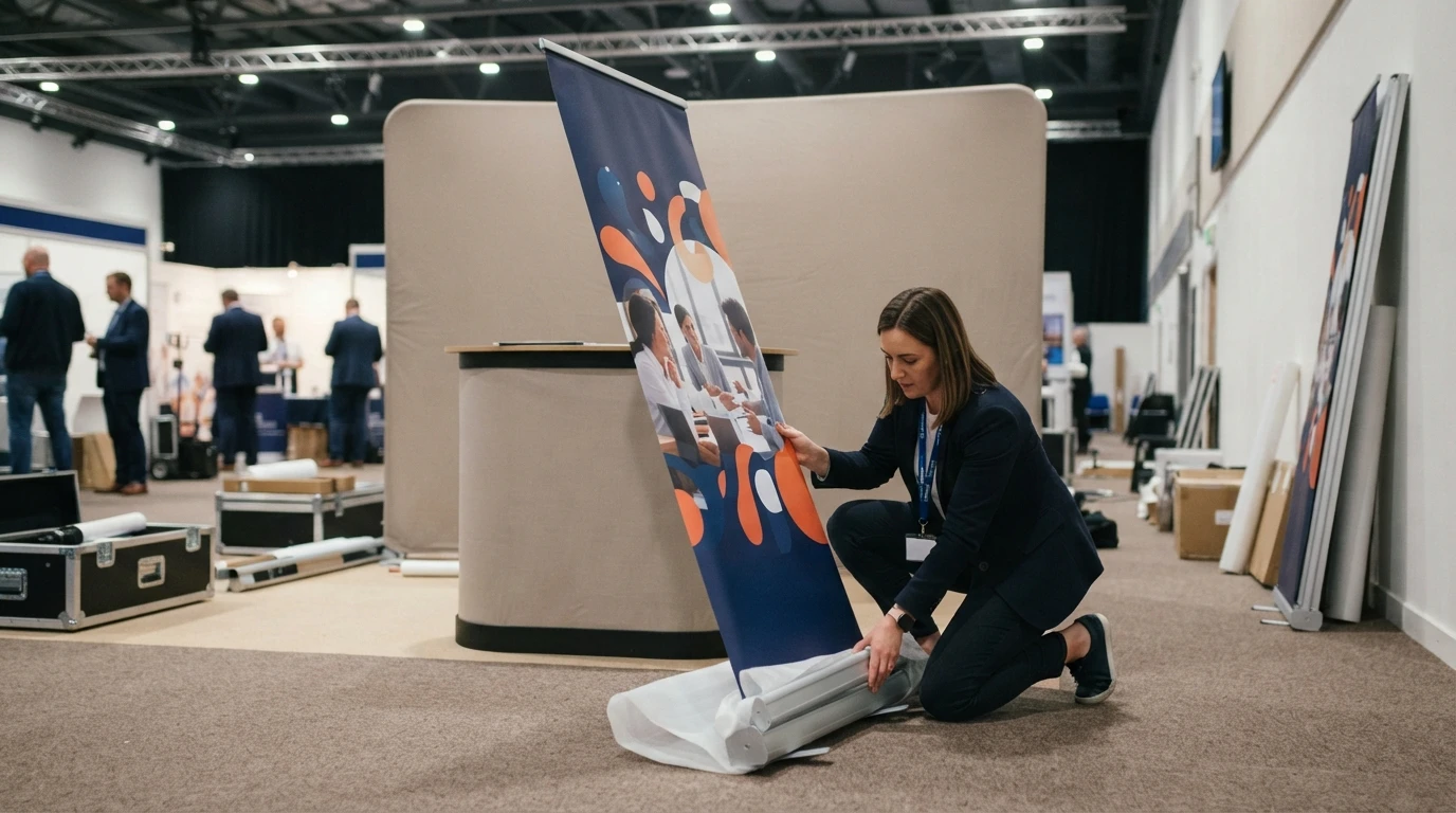 Event organiser setting up a roller banner