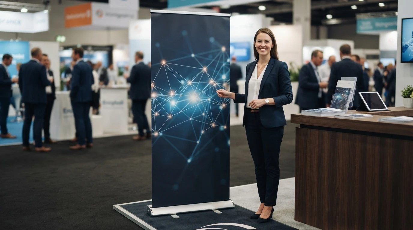 Professional businesswoman beside a premium roller banner