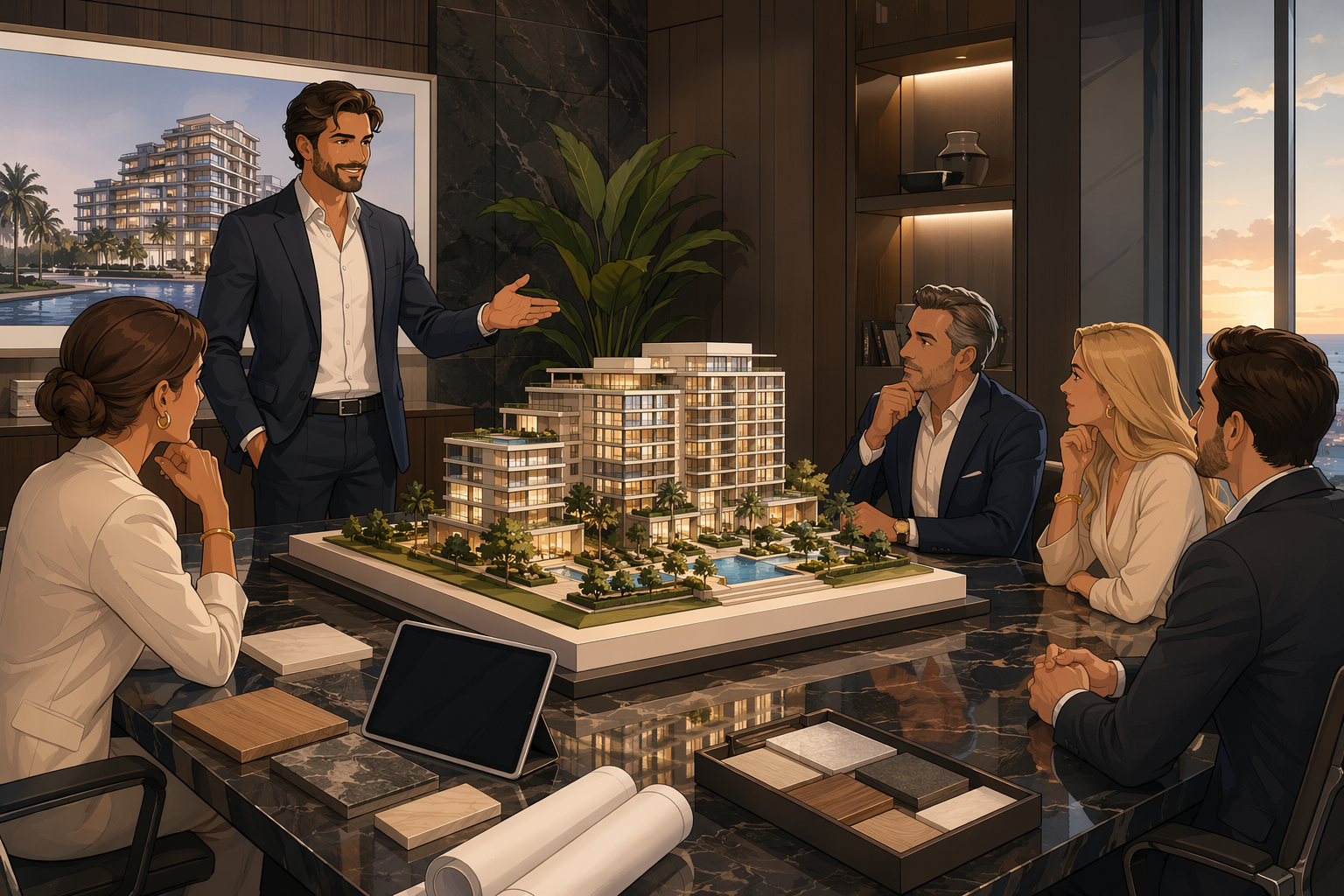 Architect presenting polished scale model to clients in a luxurious boardroom