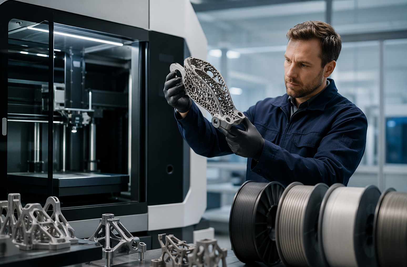 Engineer inspecting lattice prototype near industrial 3D printer