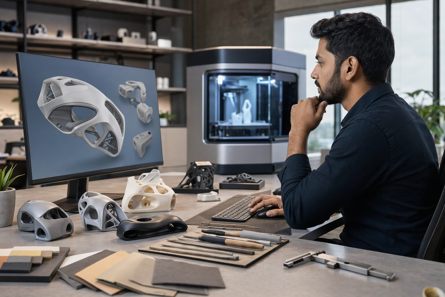 Product designer reviewing printed parts and CAD models in modern studio