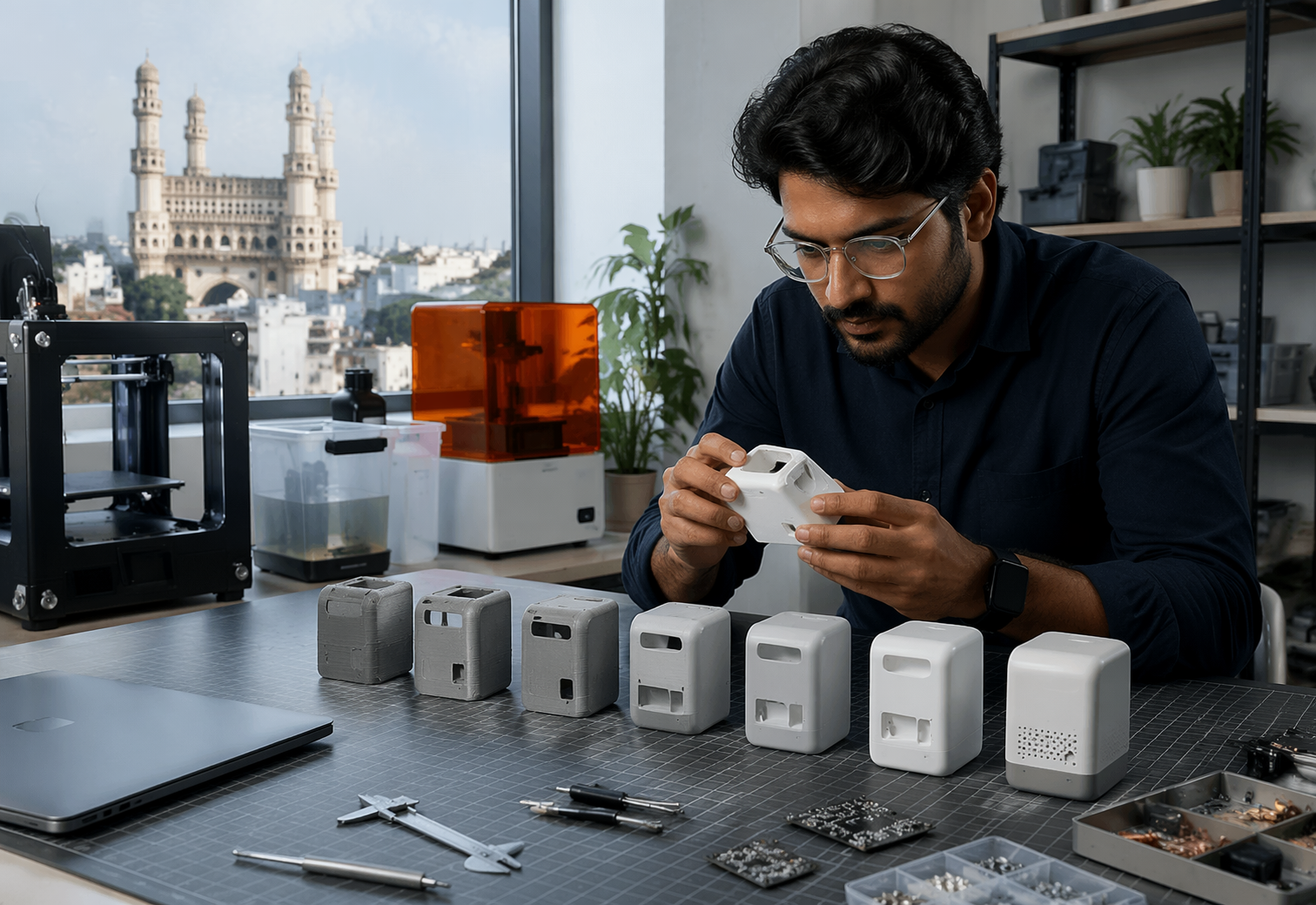 Industrial designer inspecting resin prototypes on workbench