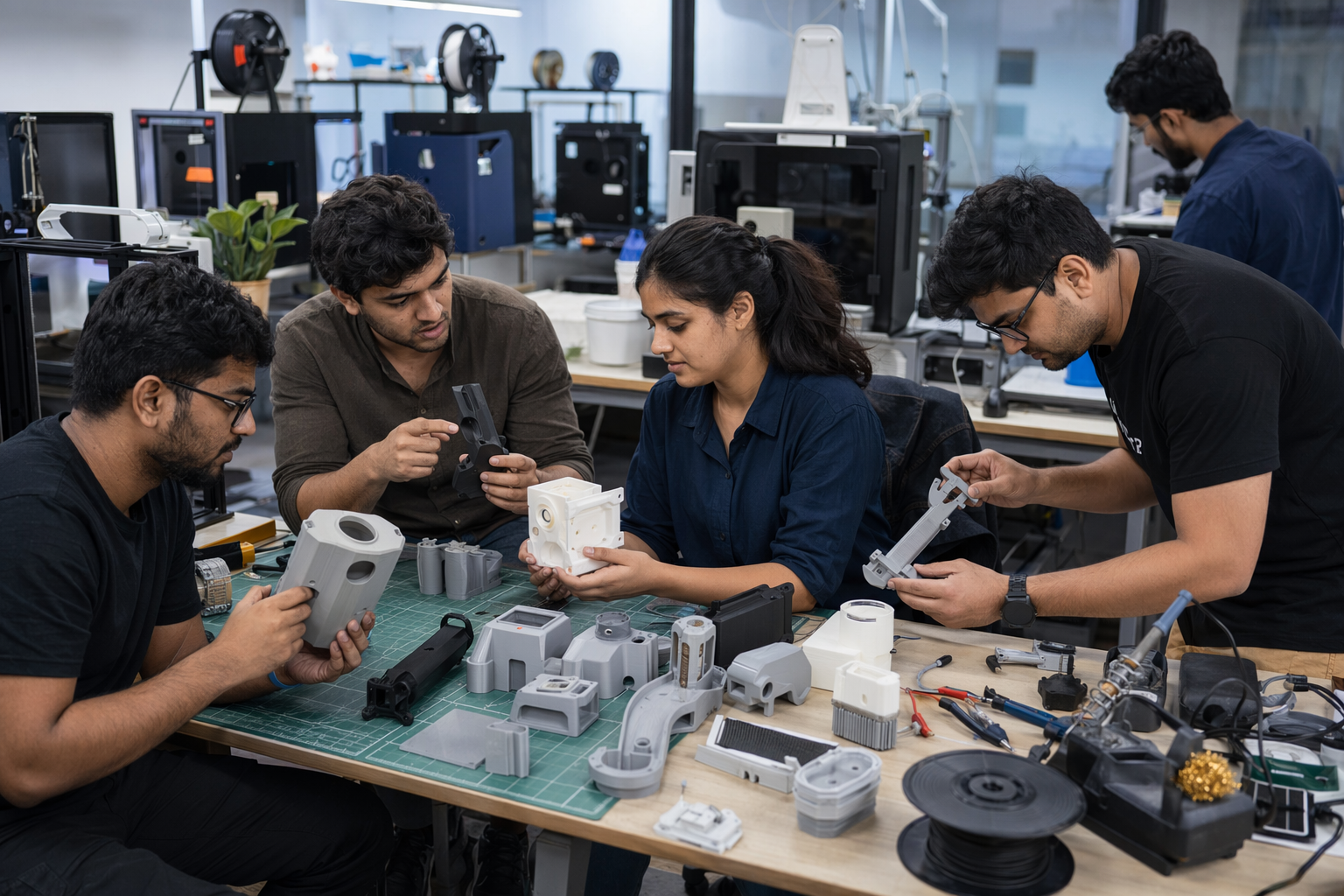 Founders examining 3D printed hardware prototypes in a startup lab