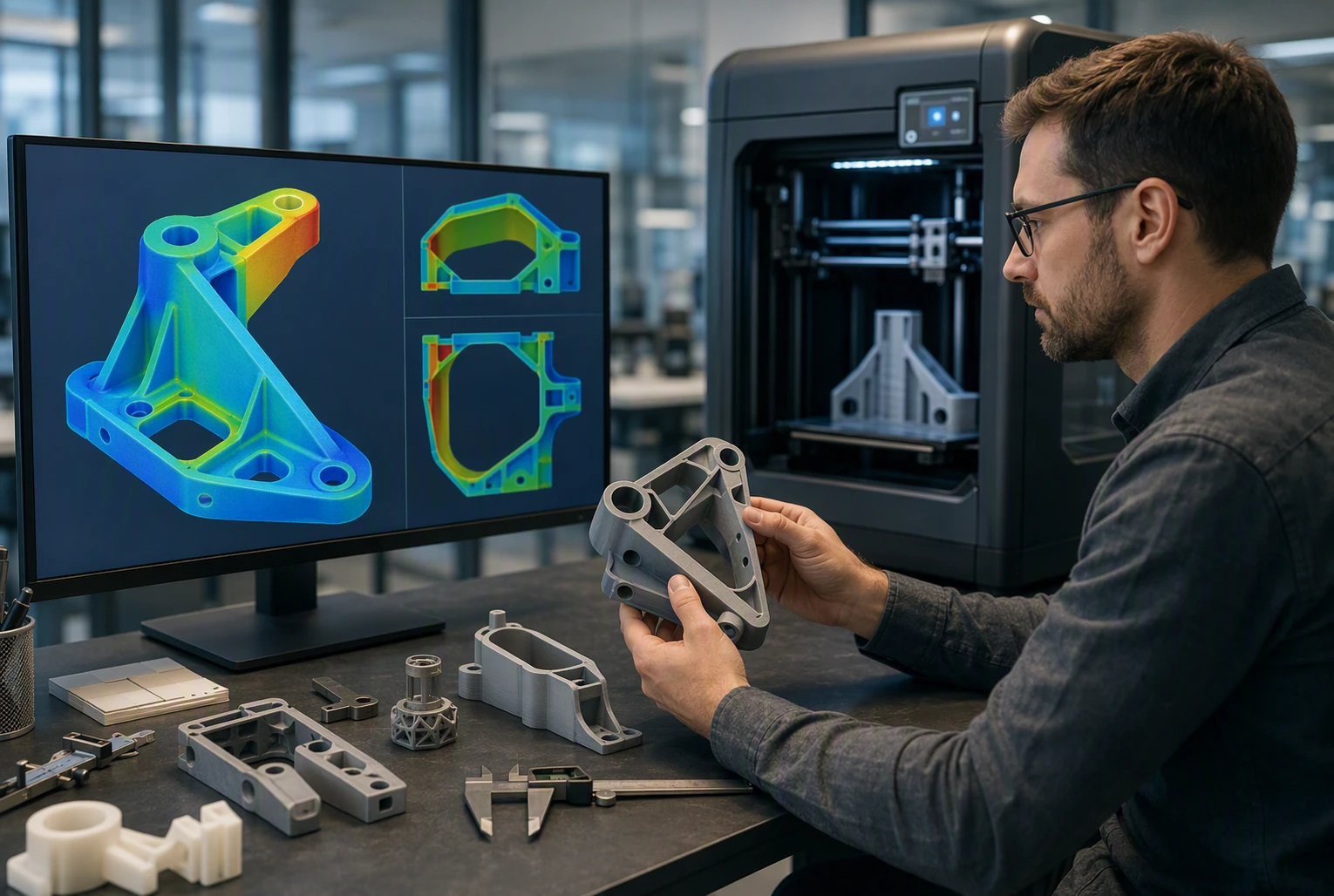 Engineer inspecting CAD model near industrial 3D printer