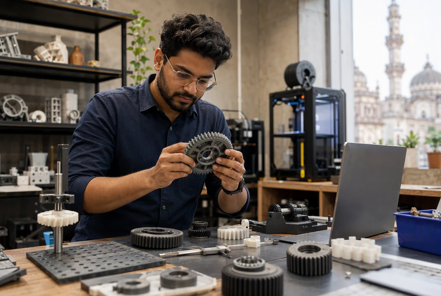 Product designer inspecting 3D printed gear prototypes in Hyderabad workshop