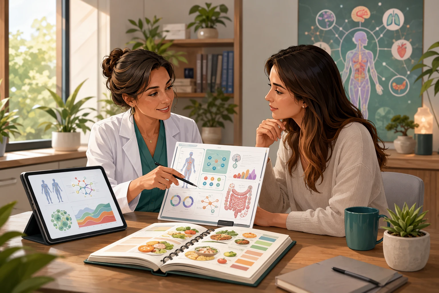 Clinician reviewing lab panels with patient in consultation room