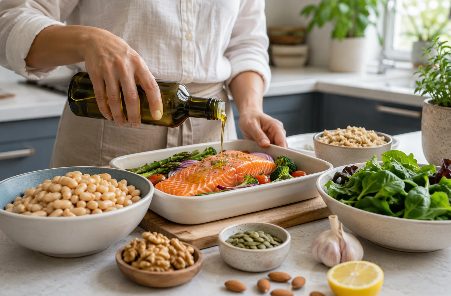 Adult preparing Mediterranean autoimmune-friendly meal with salmon and greens