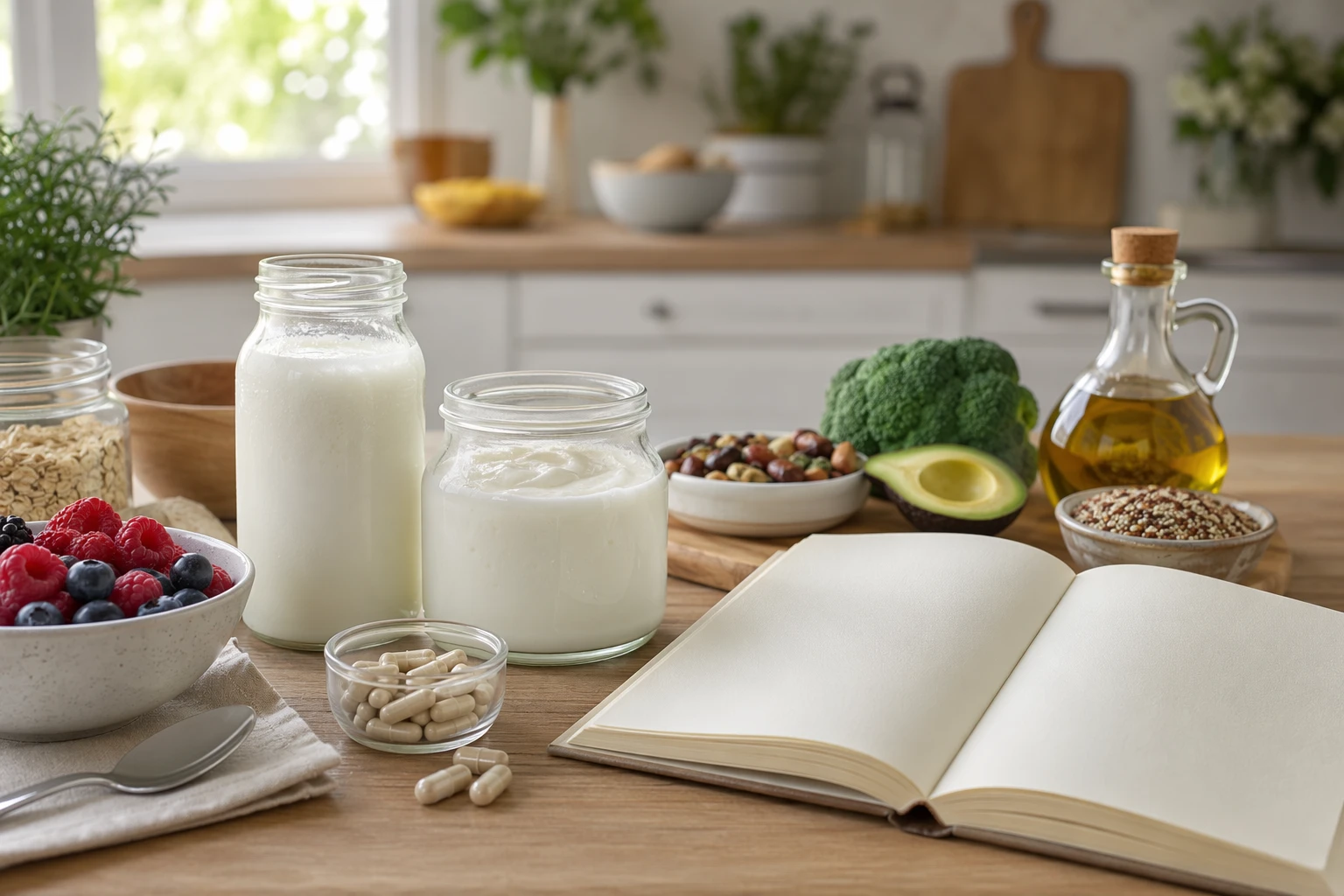 Glass jars of kefir and yogurt with capsules beside a gut health journal