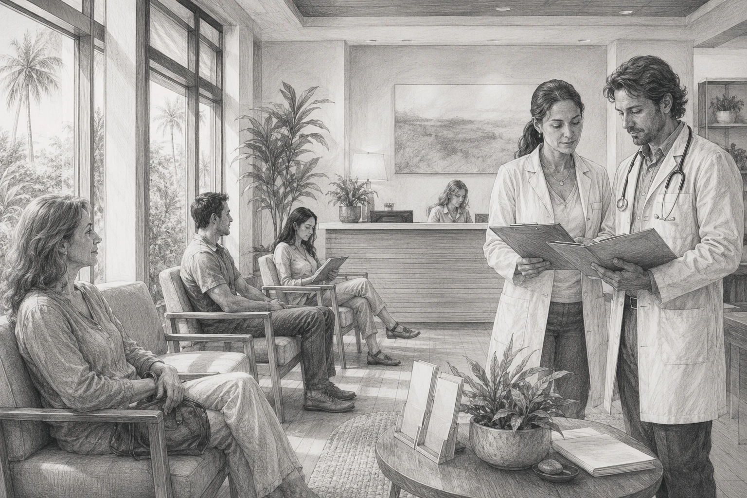 Patients waiting in a clinic lobby with practitioners reviewing intake charts