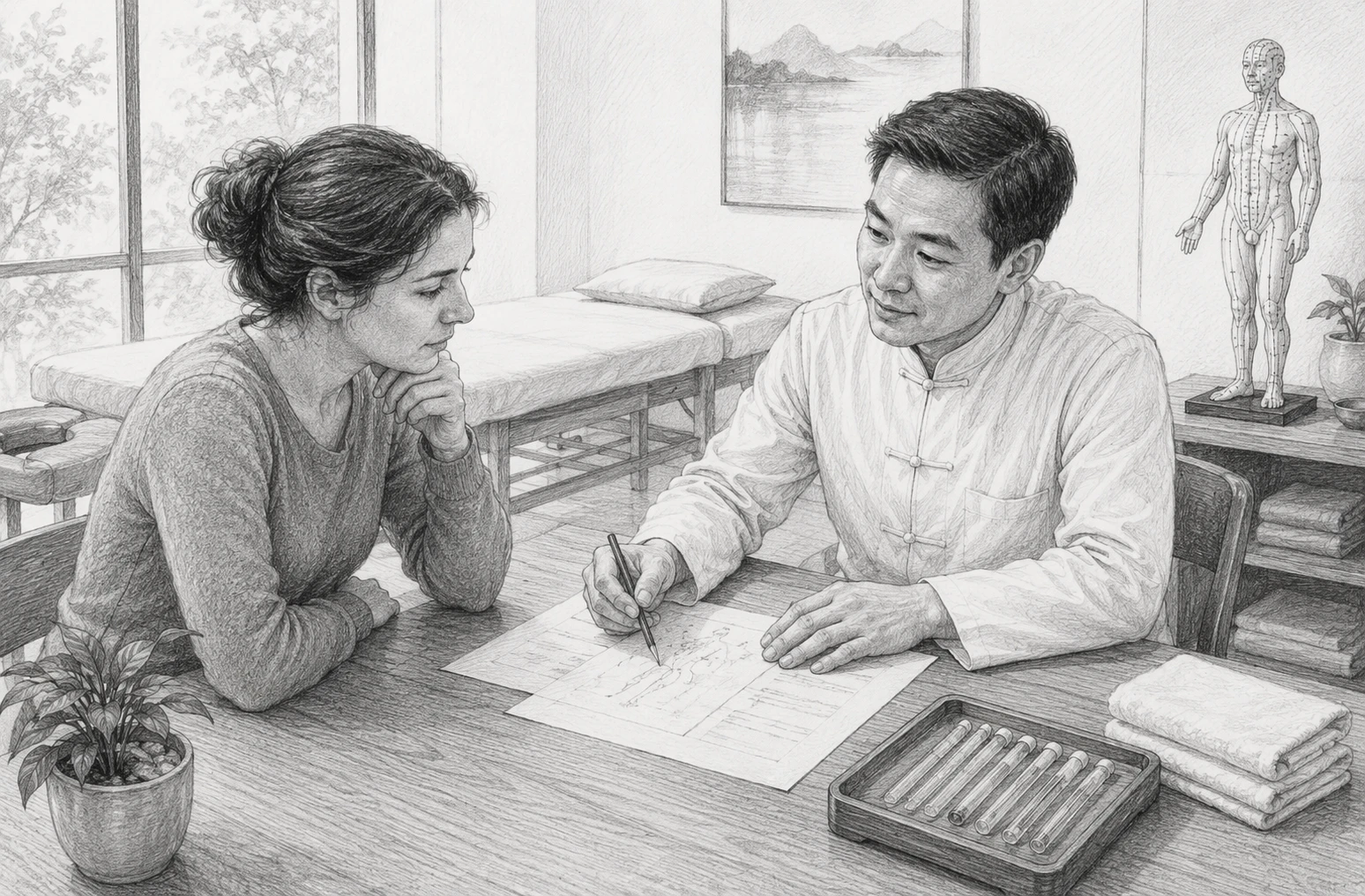 Acupuncturist and patient reviewing notes at desk