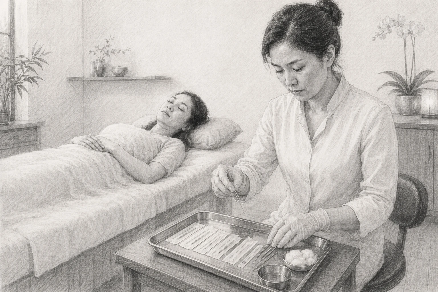 Patient relaxing on treatment table with acupuncturist preparing needles